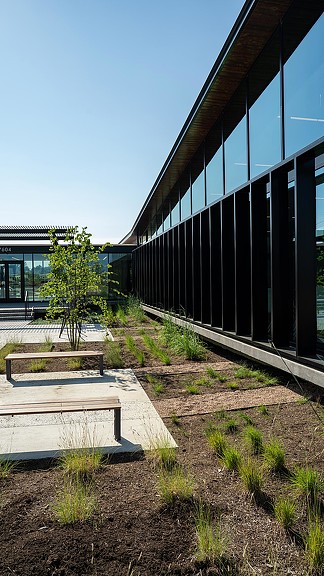 A building with a bench and a tree in front of it.