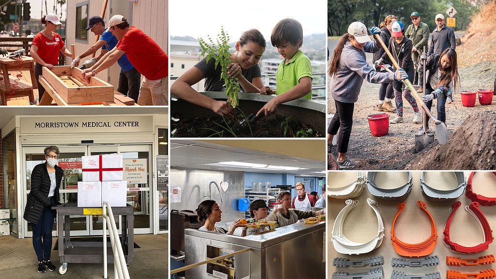 A collage of people working.