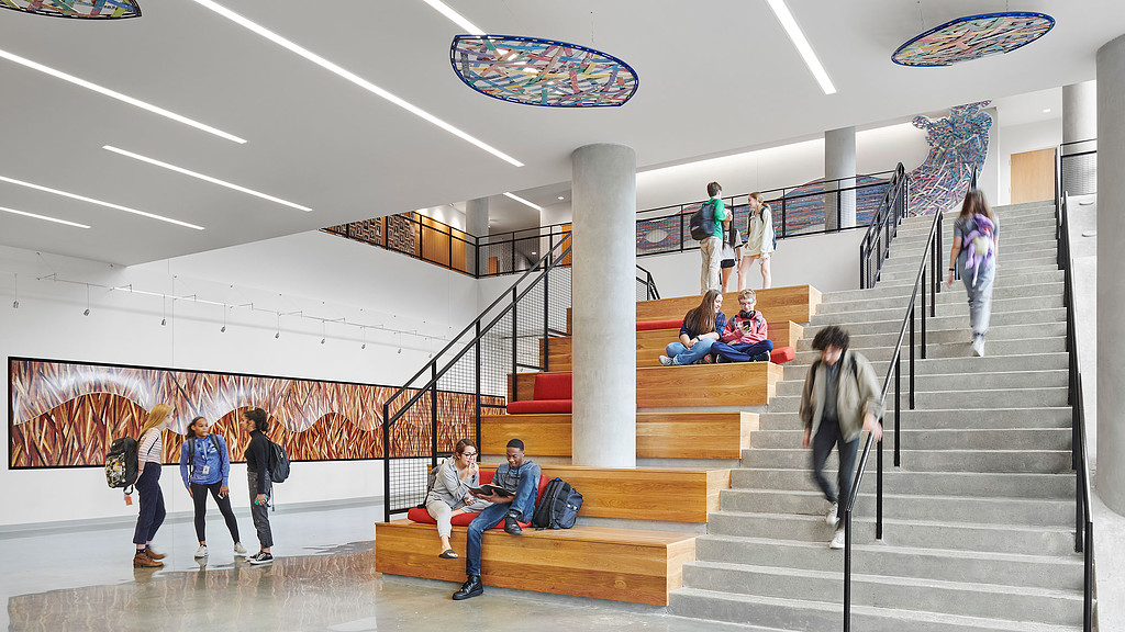 People walking up stairs.