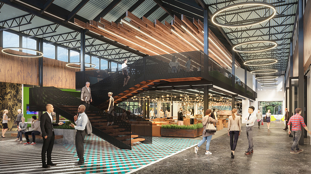 People walking around a building.