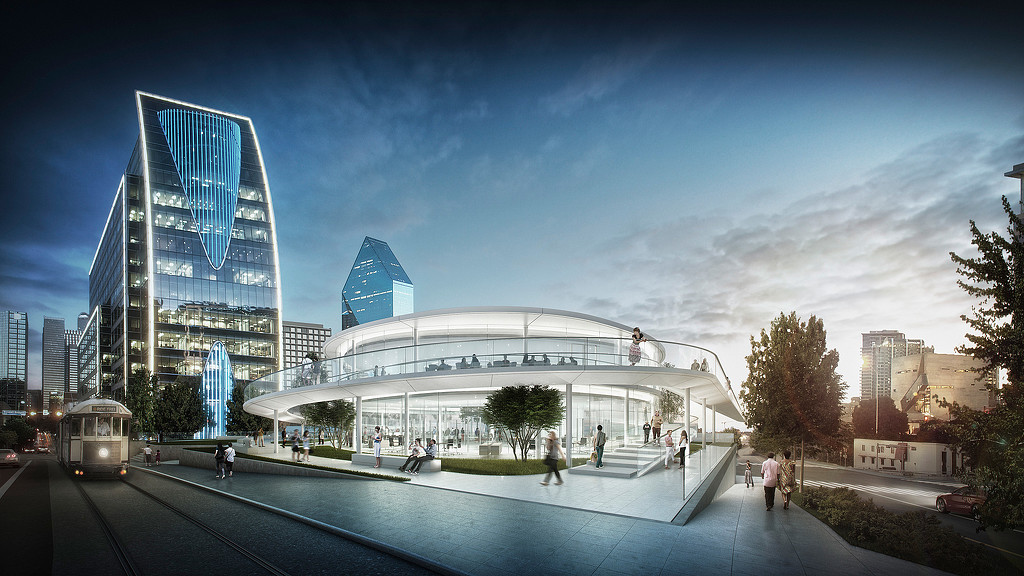 A large building with a glass front.