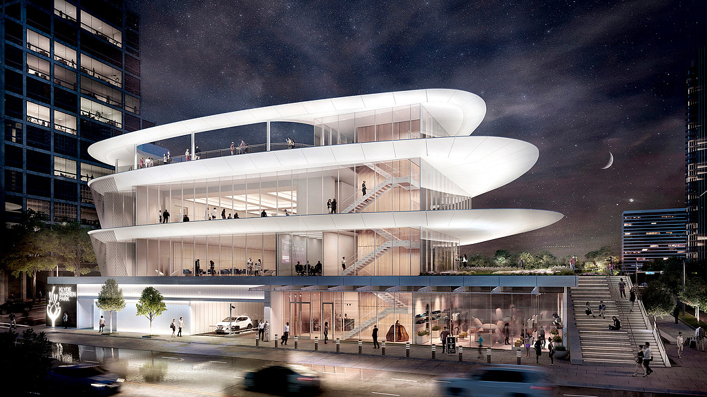 A building with a glass front.