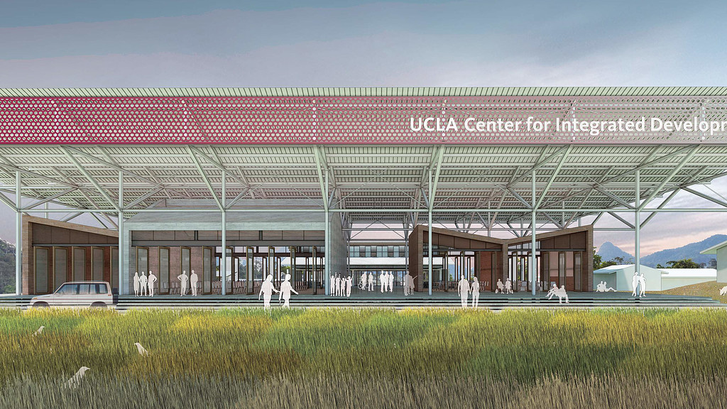 A building with a large roof.