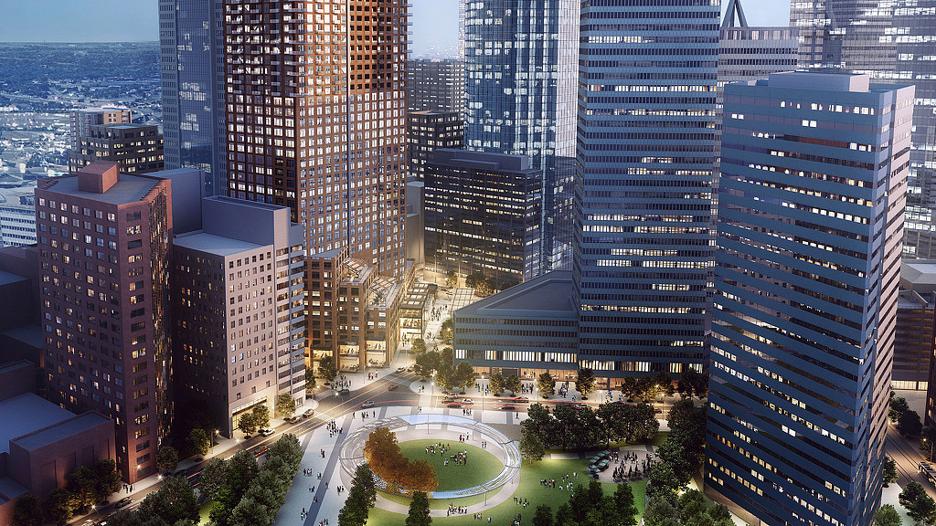 A city with tall buildings.