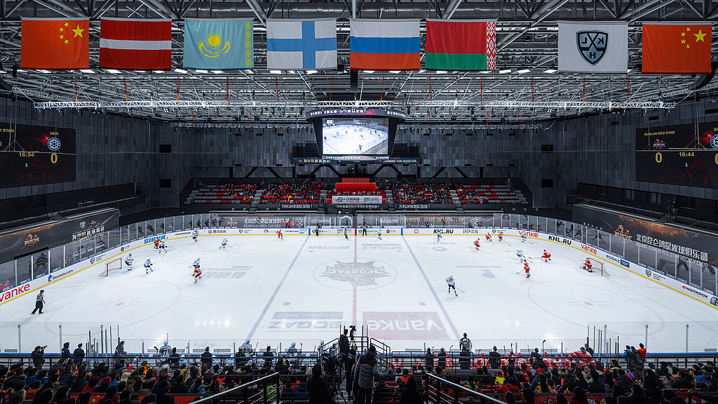 A hockey arena with a crowd watching.