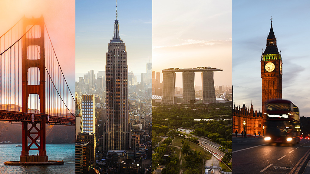 A city with a clock tower.