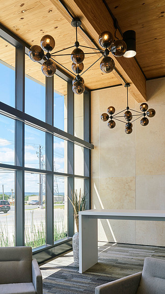 A chandelier from a ceiling.