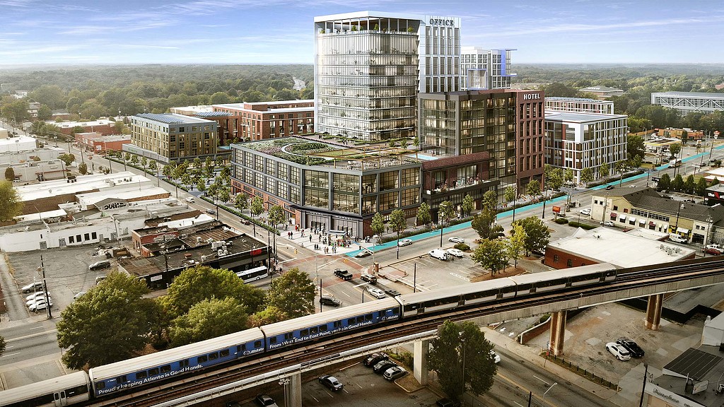 A train going through a city.