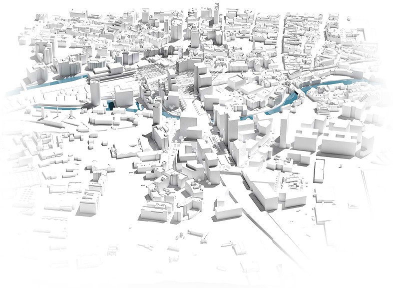 A high angle view of a city.