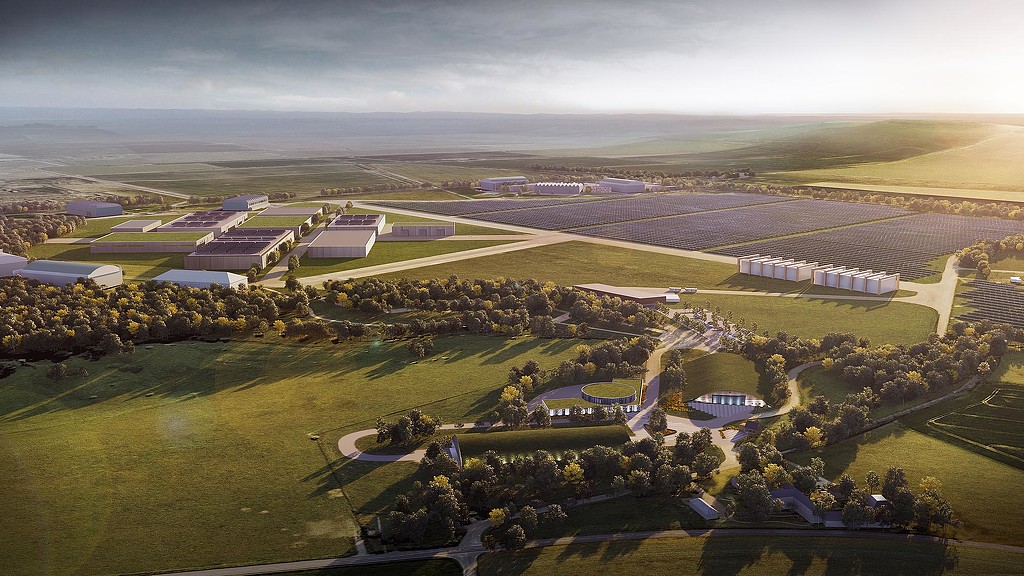 A landscape with buildings and trees.