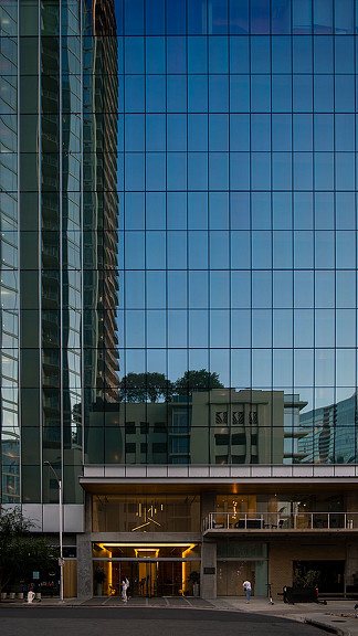 A building with glass windows.
