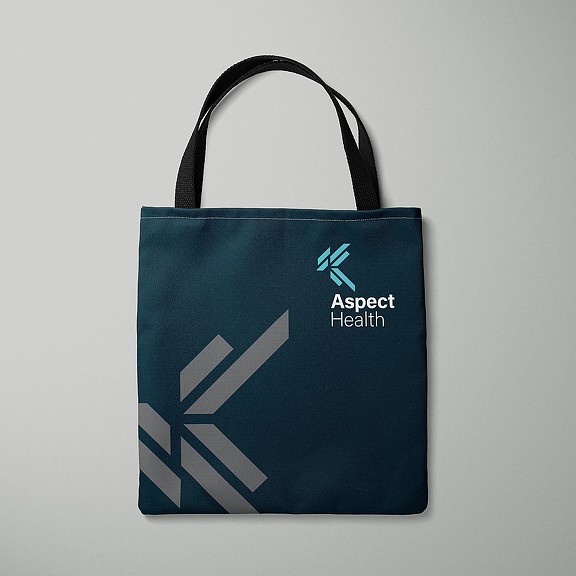 A black bag with a white logo.