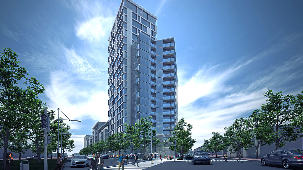 A tall building with many windows.