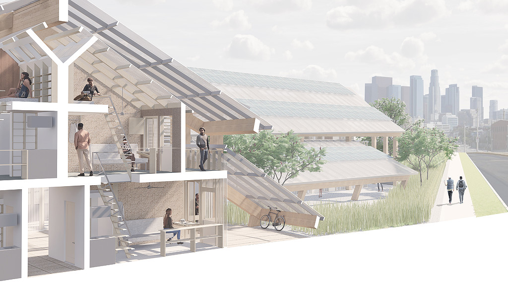 A building with stairs and people.
