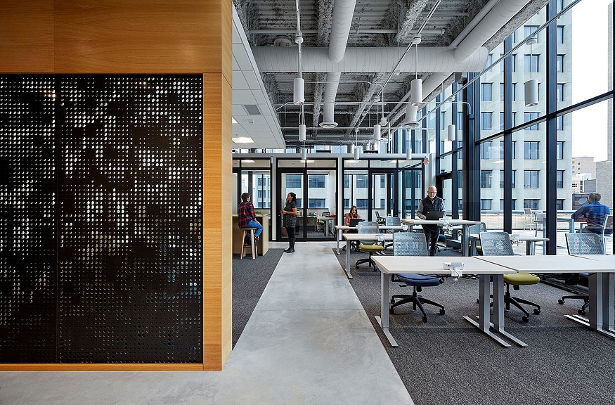 A group of people in a building.