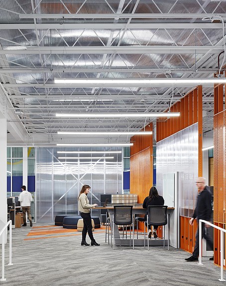 A group of people in a building.