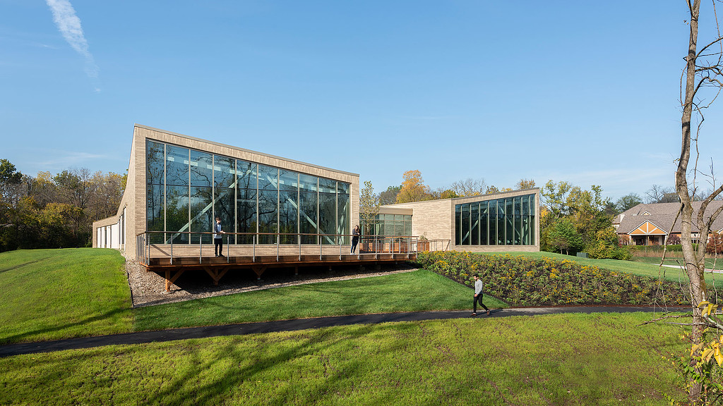 A building with glass windows.