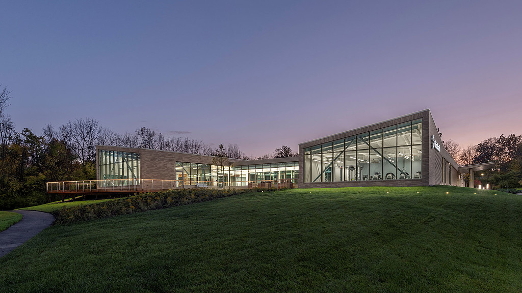 A building with glass windows.
