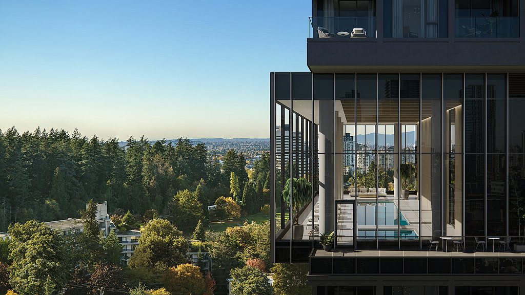 A building with trees in the back.
