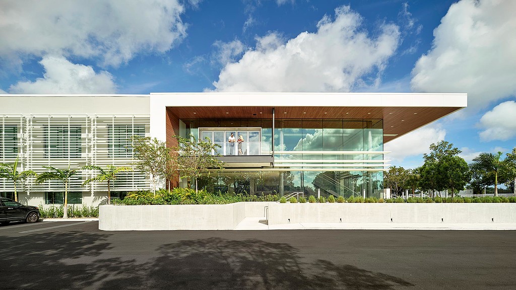 A building with glass windows.