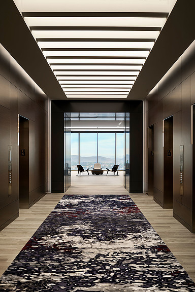 A hallway with a large window.