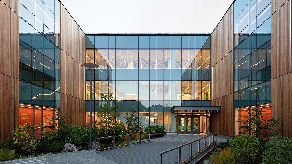 A building with glass windows.