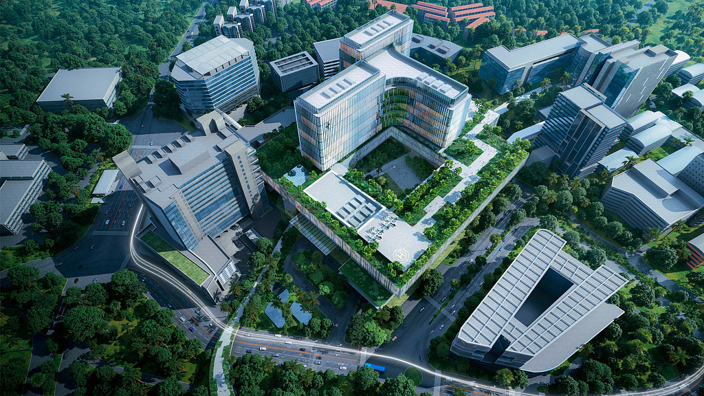 Aerial view of a large building.