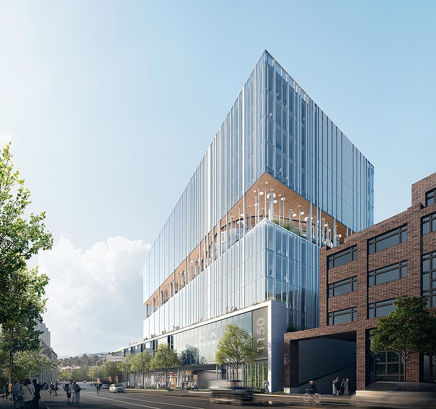 A large glass building.