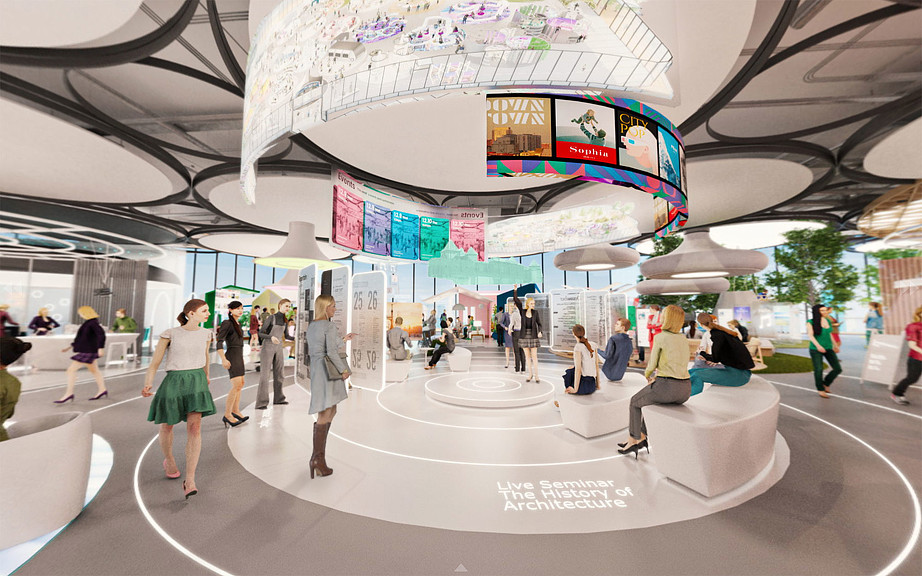 A group of people in a large building.