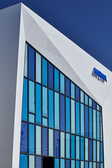 A building with glass windows.