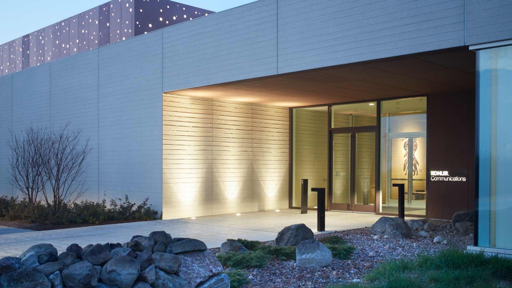 A building with a large glass front.