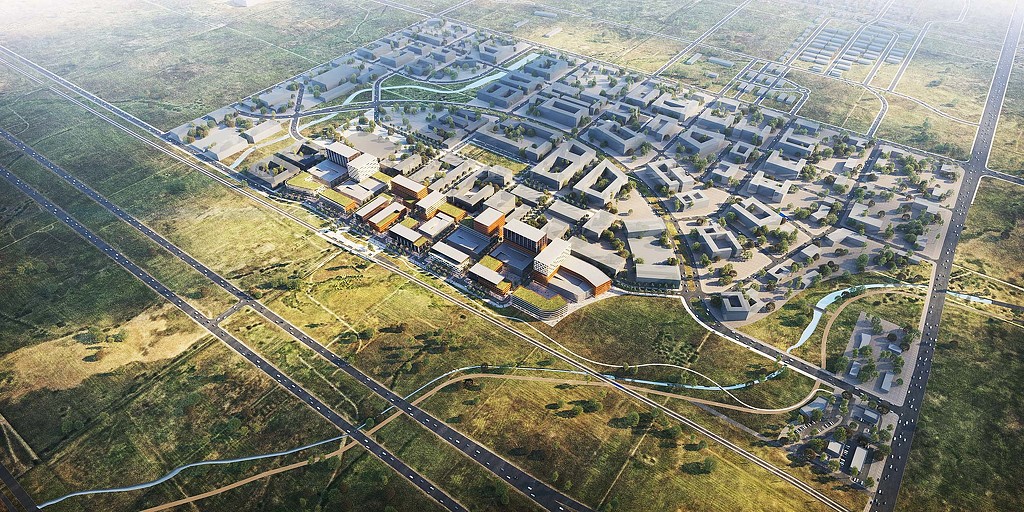 An aerial view of a town.