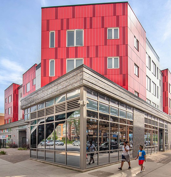 A building with a red and white exterior.