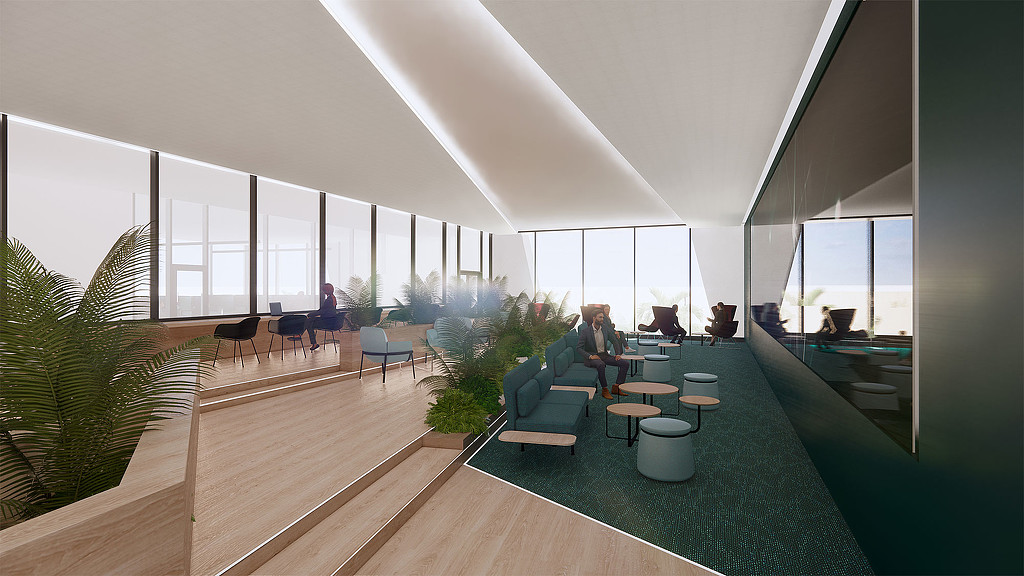A room with a pool and people sitting at tables.