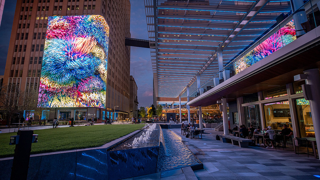 A building with a colorful glass window.