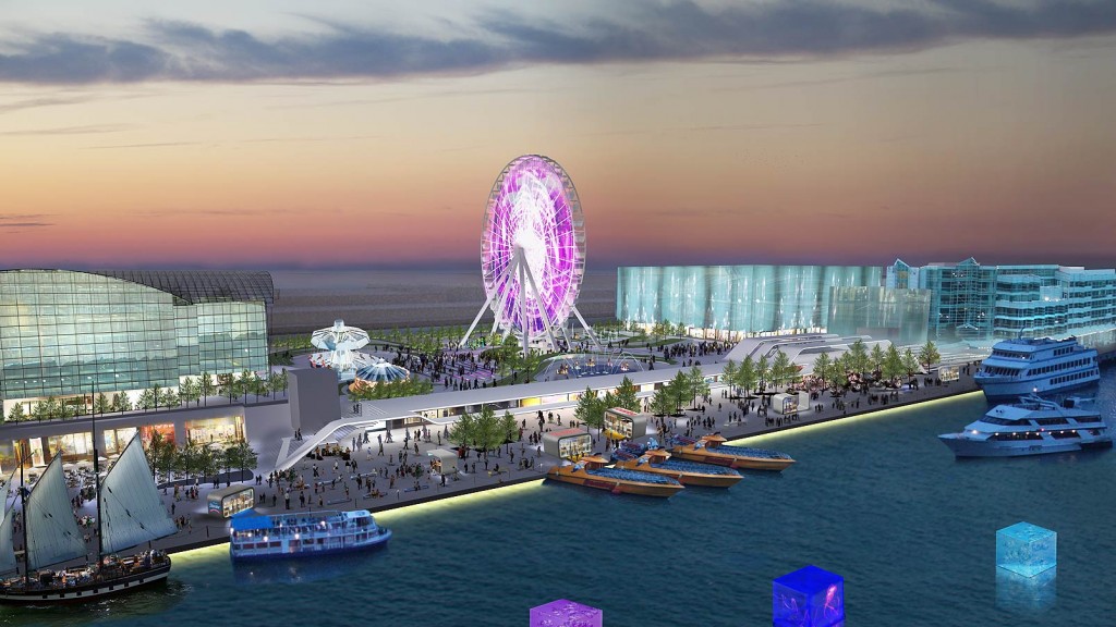 A city with a ferris wheel and boats in the water.