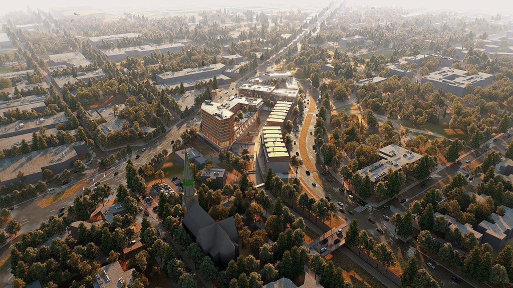 An aerial view of a city.