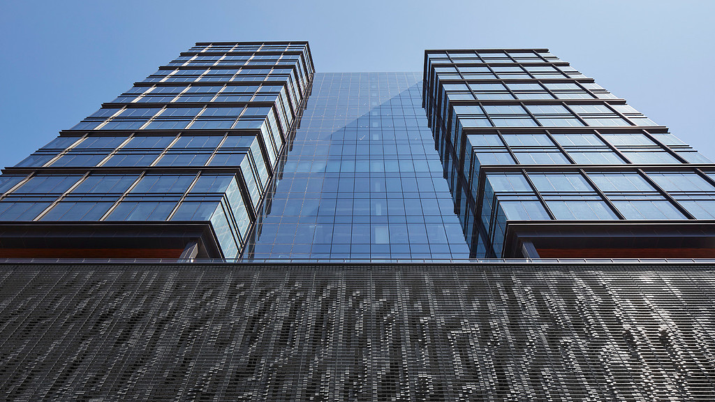 A low angle view of the facade of 333 N Green