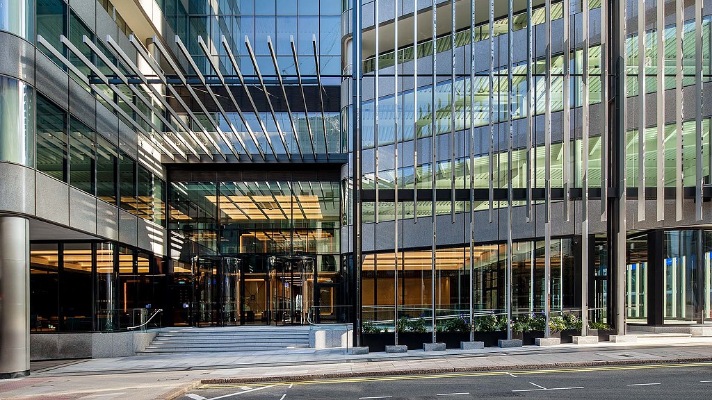 A building with glass windows.