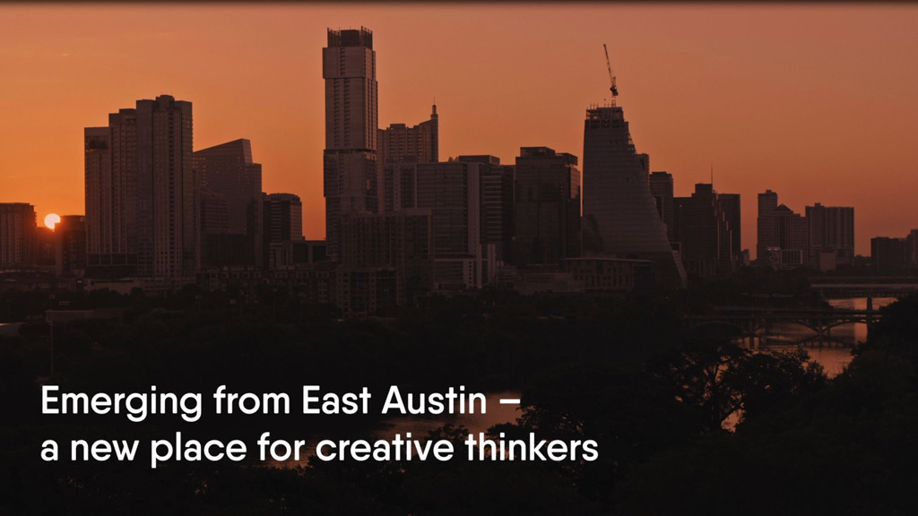 A city skyline at sunset.