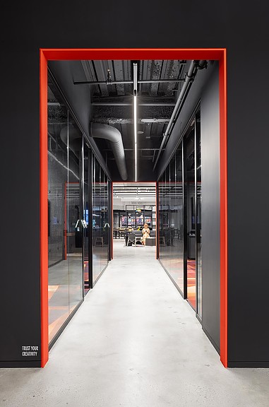 A long hallway with a metal frame.