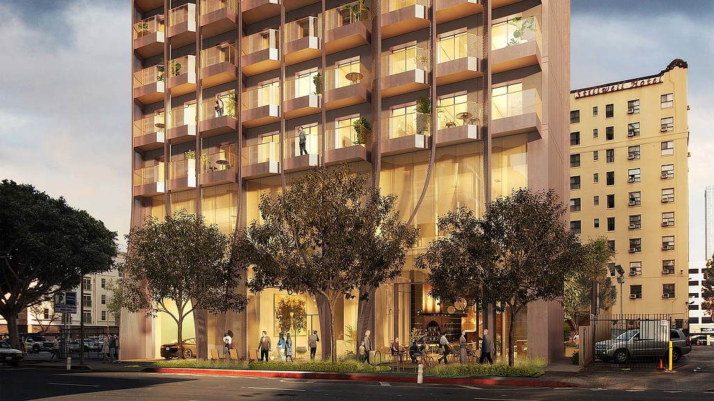 845 S. Olive Street mixed-use building ground level exterior view