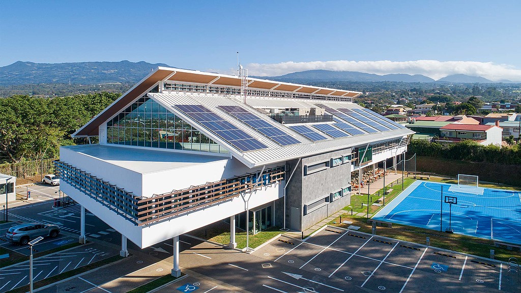 A building with a pool.