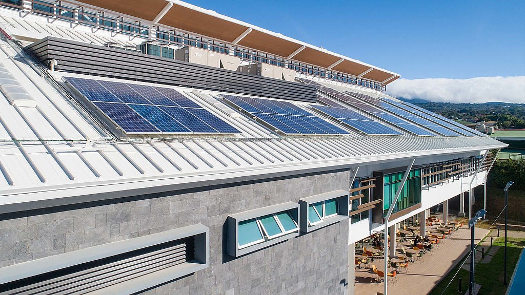 A building with solar panels.