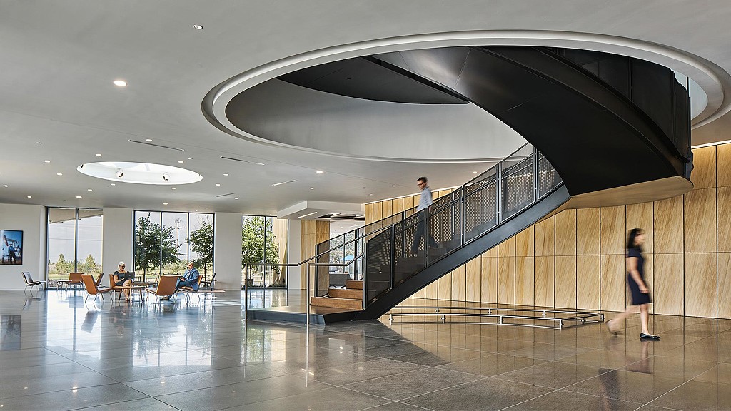 Corporate campus interior spiral staircase