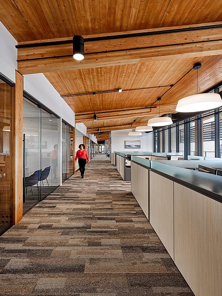 First United Bank Sherman Regional Headquarters hallway with exposed mass timber ceiling