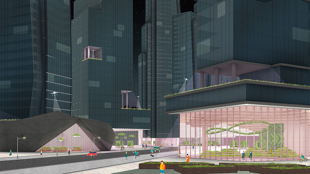 A building with a courtyard and a walkway.