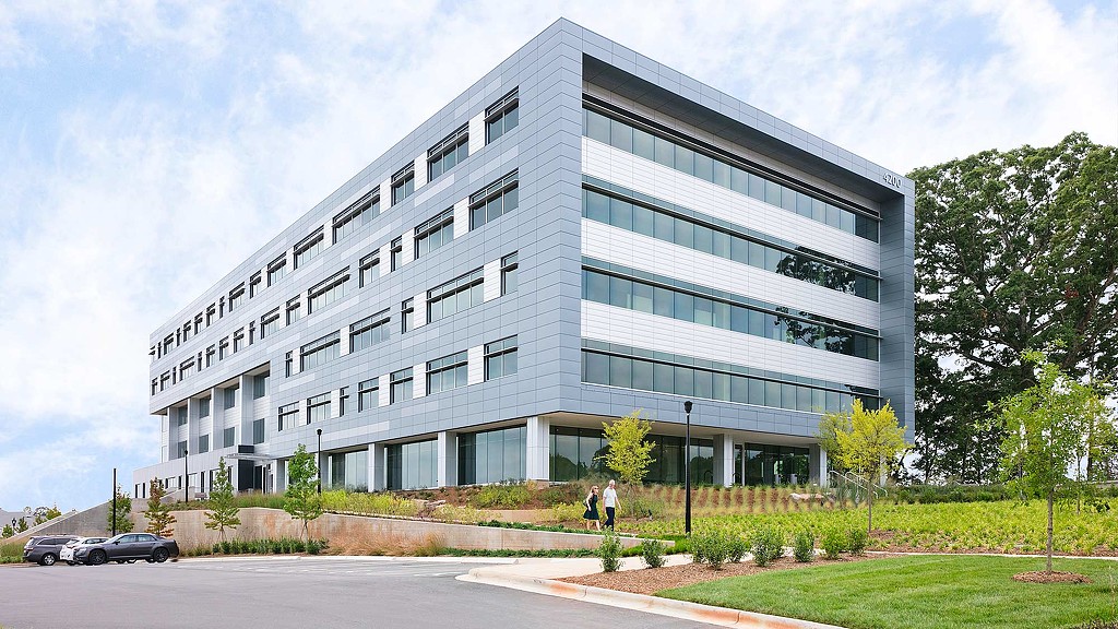 Headquarters building exterior and parking lot