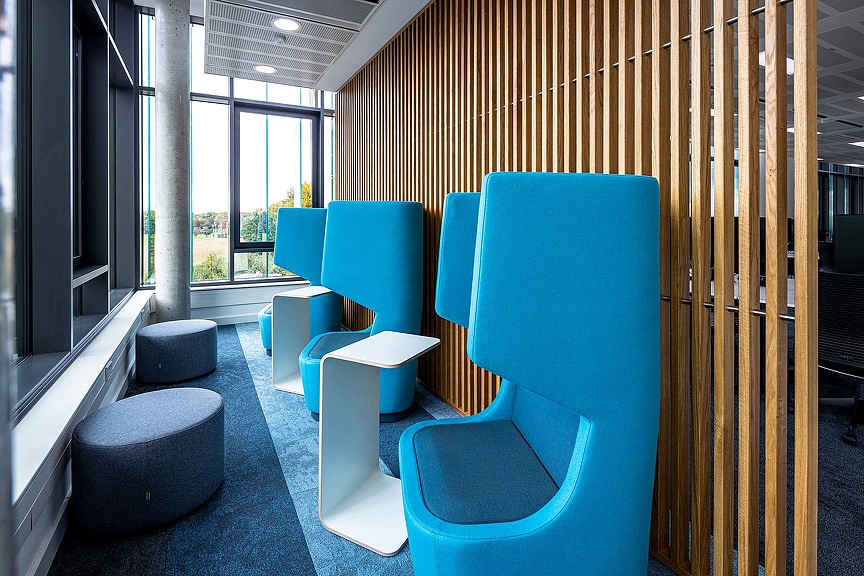 A row of blue chairs.