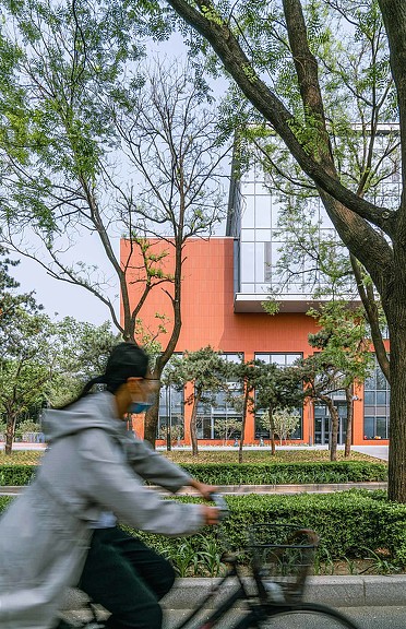Woman riding bike at Tsinghua University